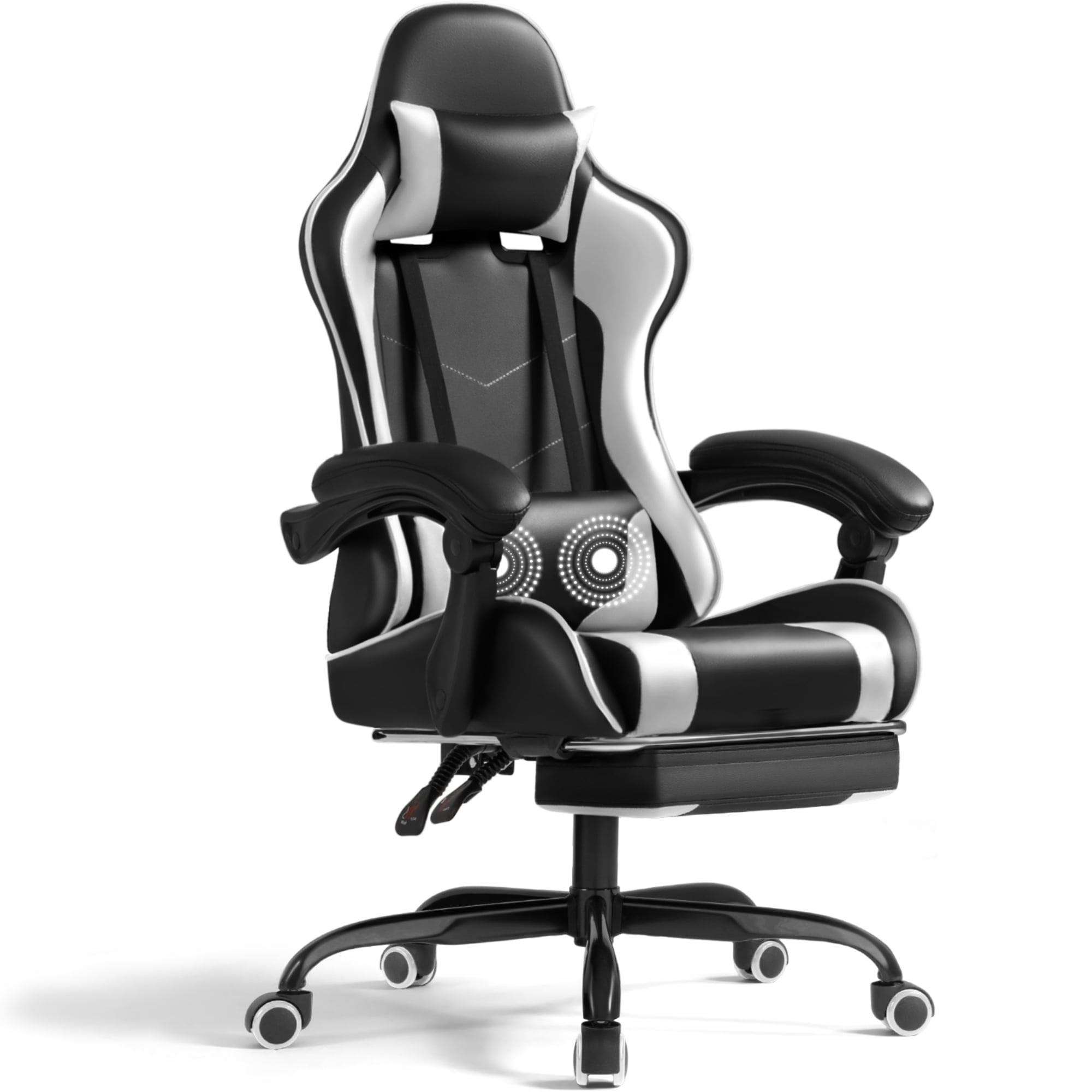 Lacoo PU Leather Gaming Chair Massage Ergonomic Gamer Chair Height Adjustable Computer Chair with Footrest \u0026 Lumbar Support, White